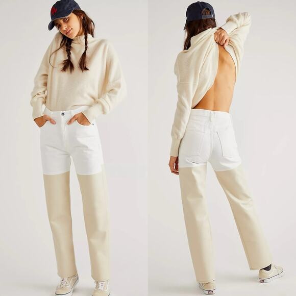 Agolde Pieced Pinch Waist 90's White Denim & Cream Leather Jeans size 29 - Picture 1 of 16